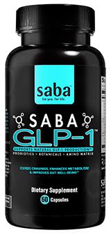 Saba GLP-1 dietary supplement bottle with 60 capsules supporting natural GLP-1 production and wellness.